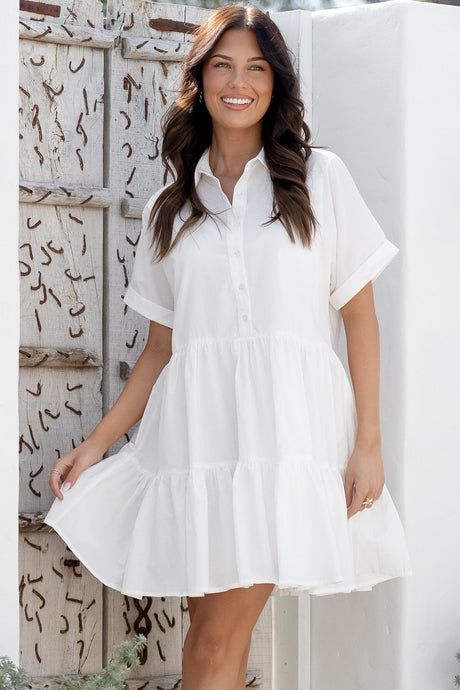 Estelle Mini Dress - Collared Tiered Smock Dress in White