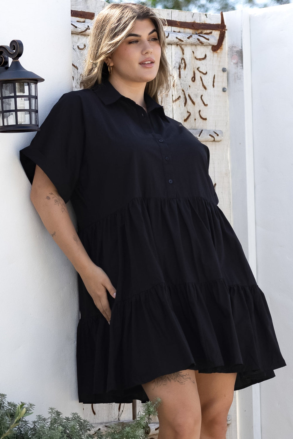 Estelle Mini Dress - Collared Tiered Smock Dress in Black