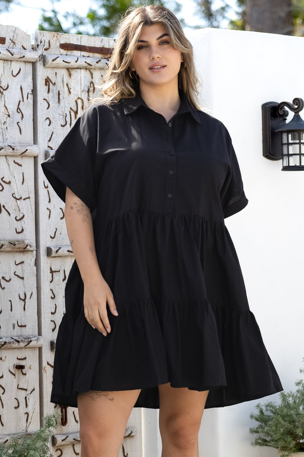 Estelle Mini Dress - Collared Tiered Smock Dress in Black