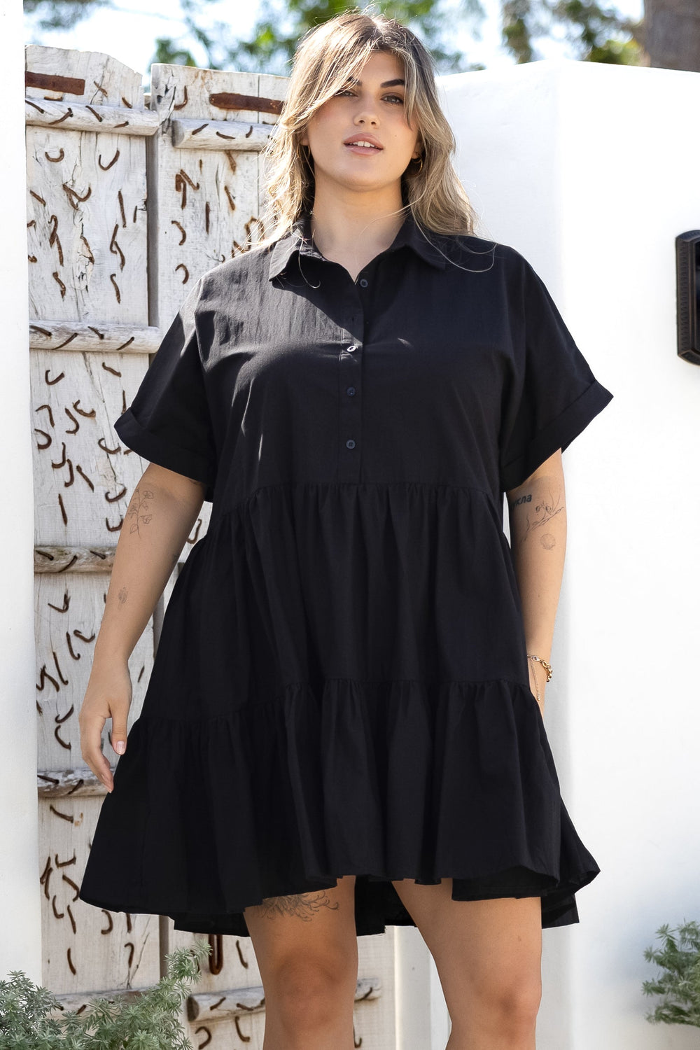 Estelle Mini Dress - Collared Tiered Smock Dress in Black