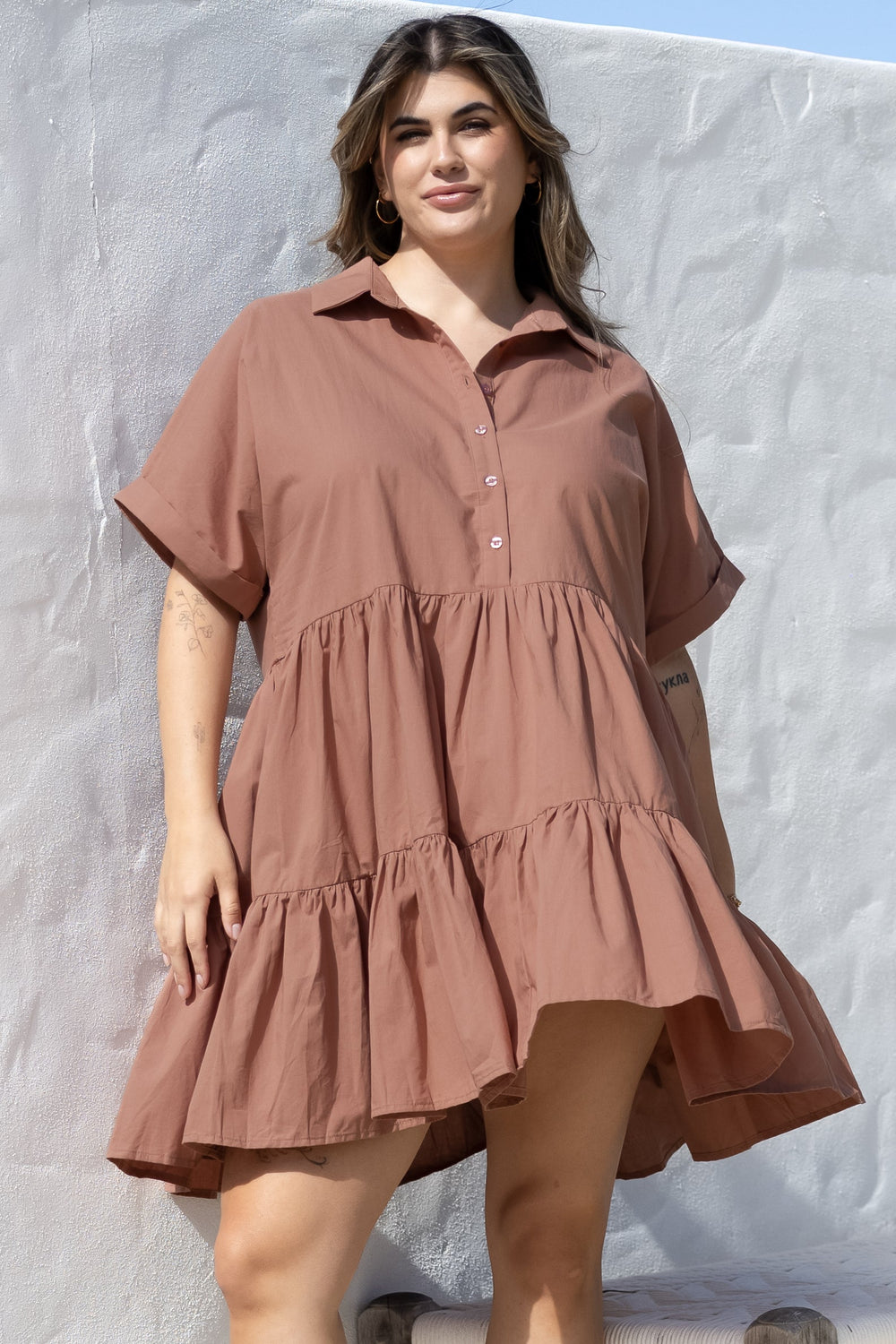 Estelle Mini Dress - Collared Tiered Smock Dress in Tan