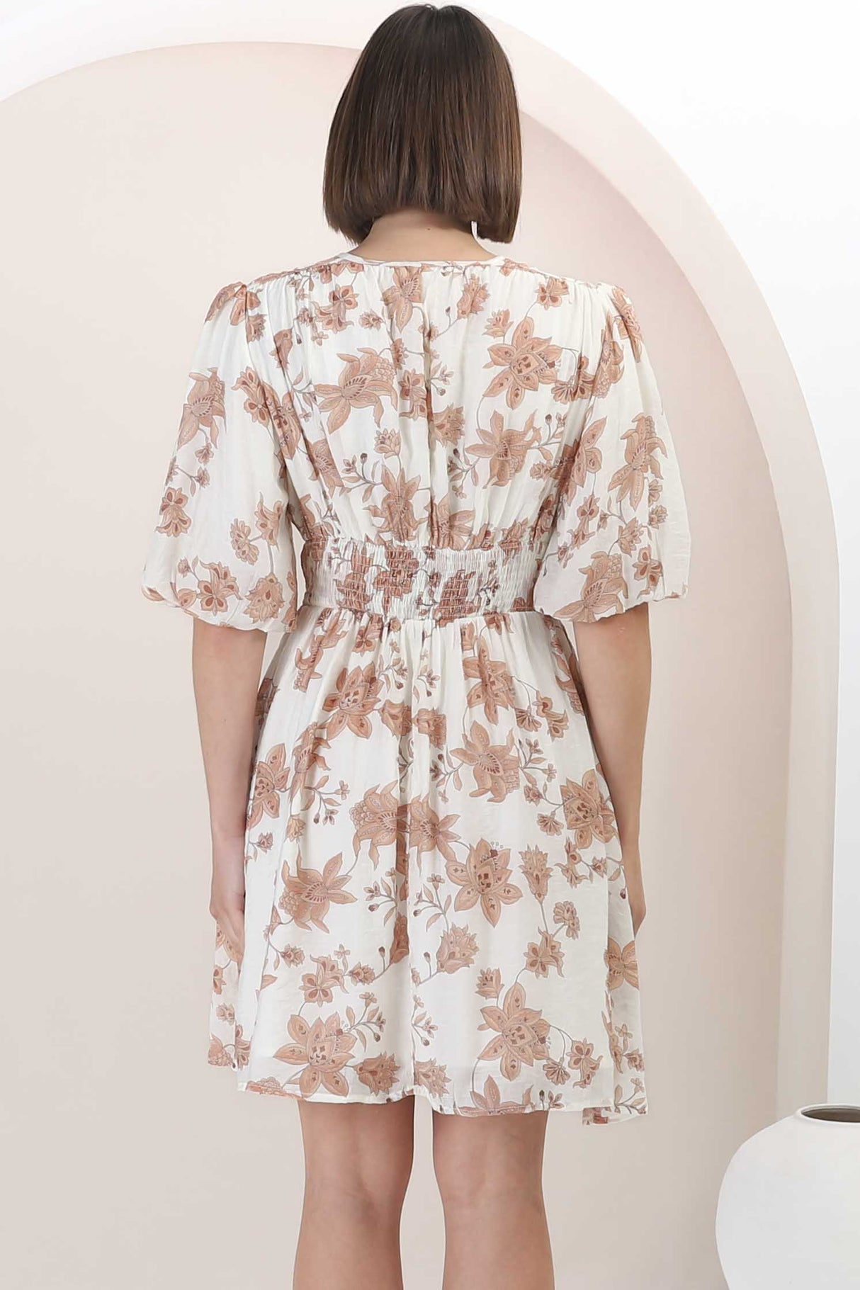 Ester Mini Dress - Cross Front Neckline Gathered Waist A Line Dress in Emelie Print