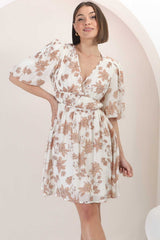 Ester Mini Dress - Cross Front Neckline Gathered Waist A Line Dress in Emelie Print