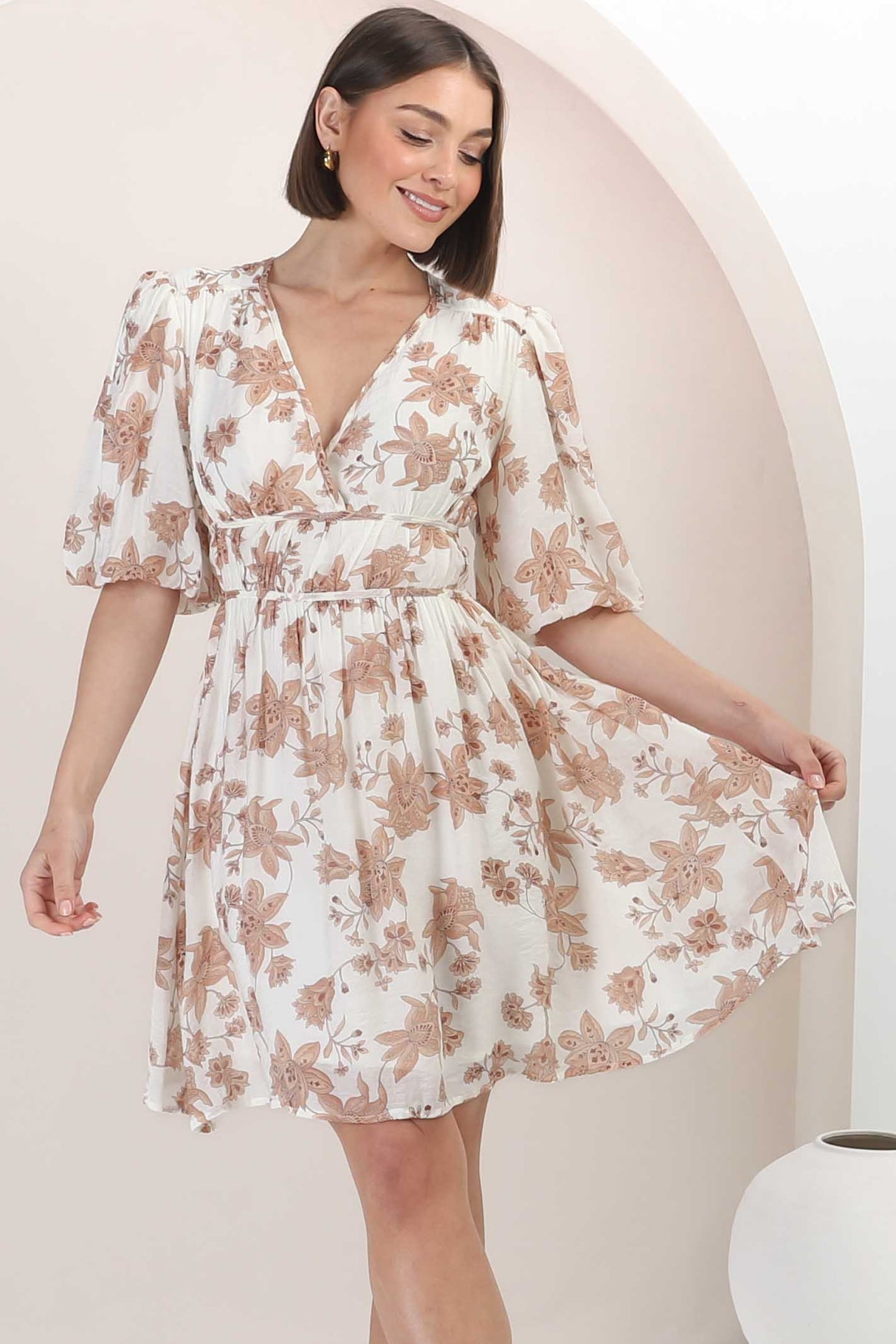 Ester Mini Dress - Cross Front Neckline Gathered Waist A Line Dress in Emelie Print