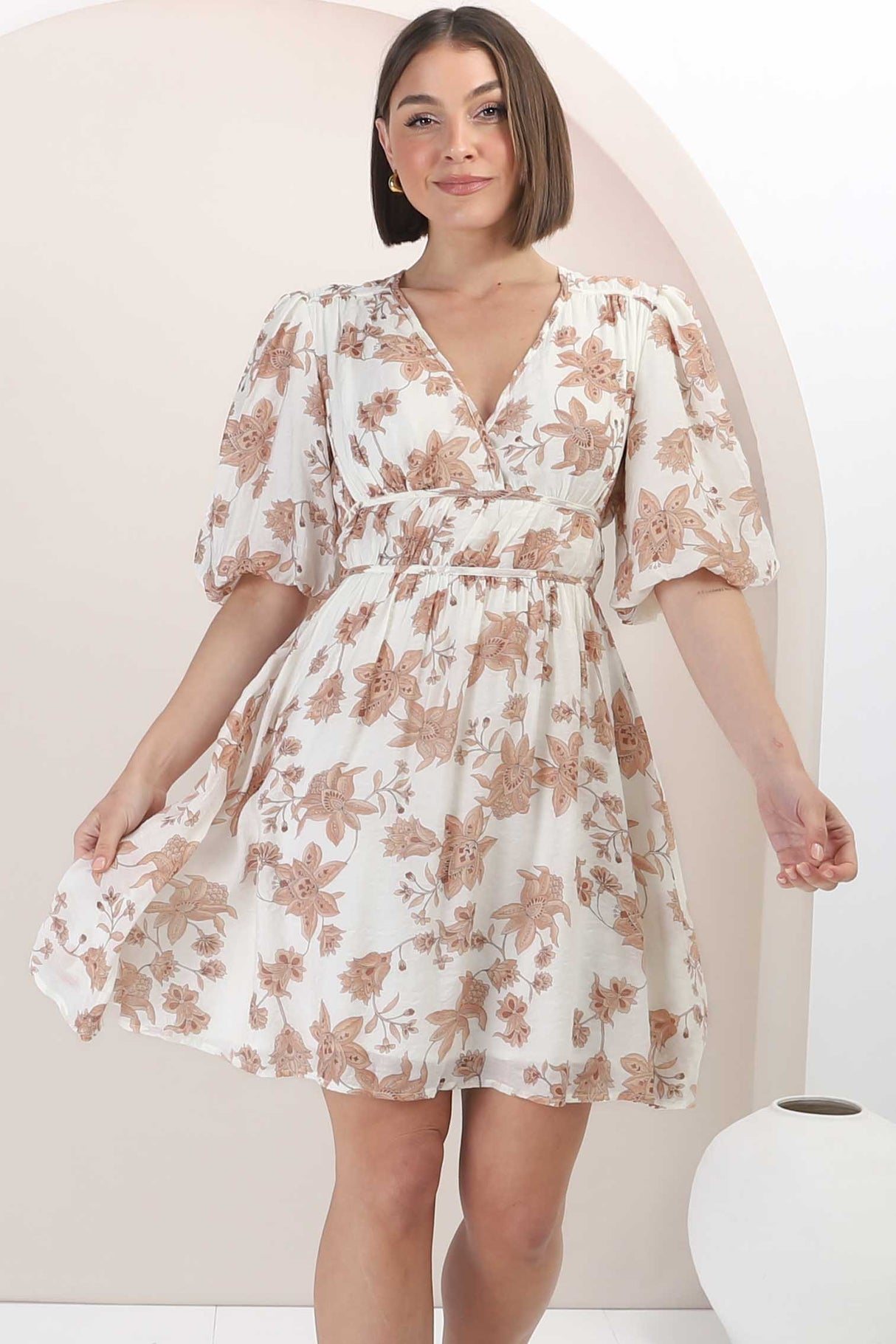 Ester Mini Dress - Cross Front Neckline Gathered Waist A Line Dress in Emelie Print