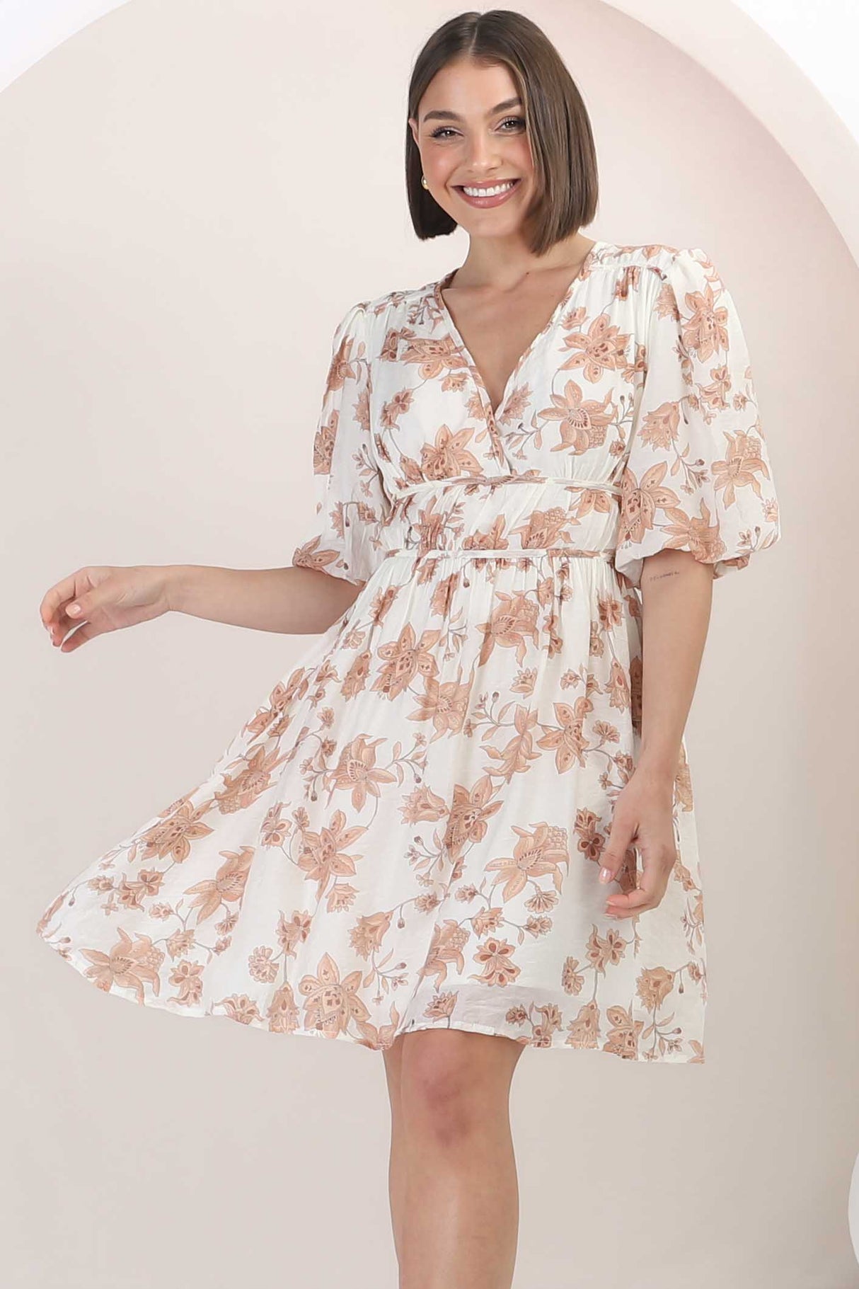 Ester Mini Dress - Cross Front Neckline Gathered Waist A Line Dress in Emelie Print