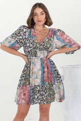 Ester Mini Dress - Cross Front Neckline Gathered Waist A Line Dress in Ita Print Mocha