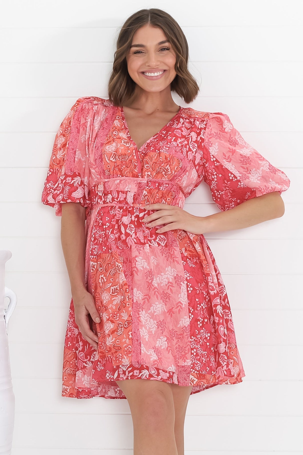 Ester Mini Dress - Cross Front Neckline Gathered Waist A Line Dress in Ita Print Pink