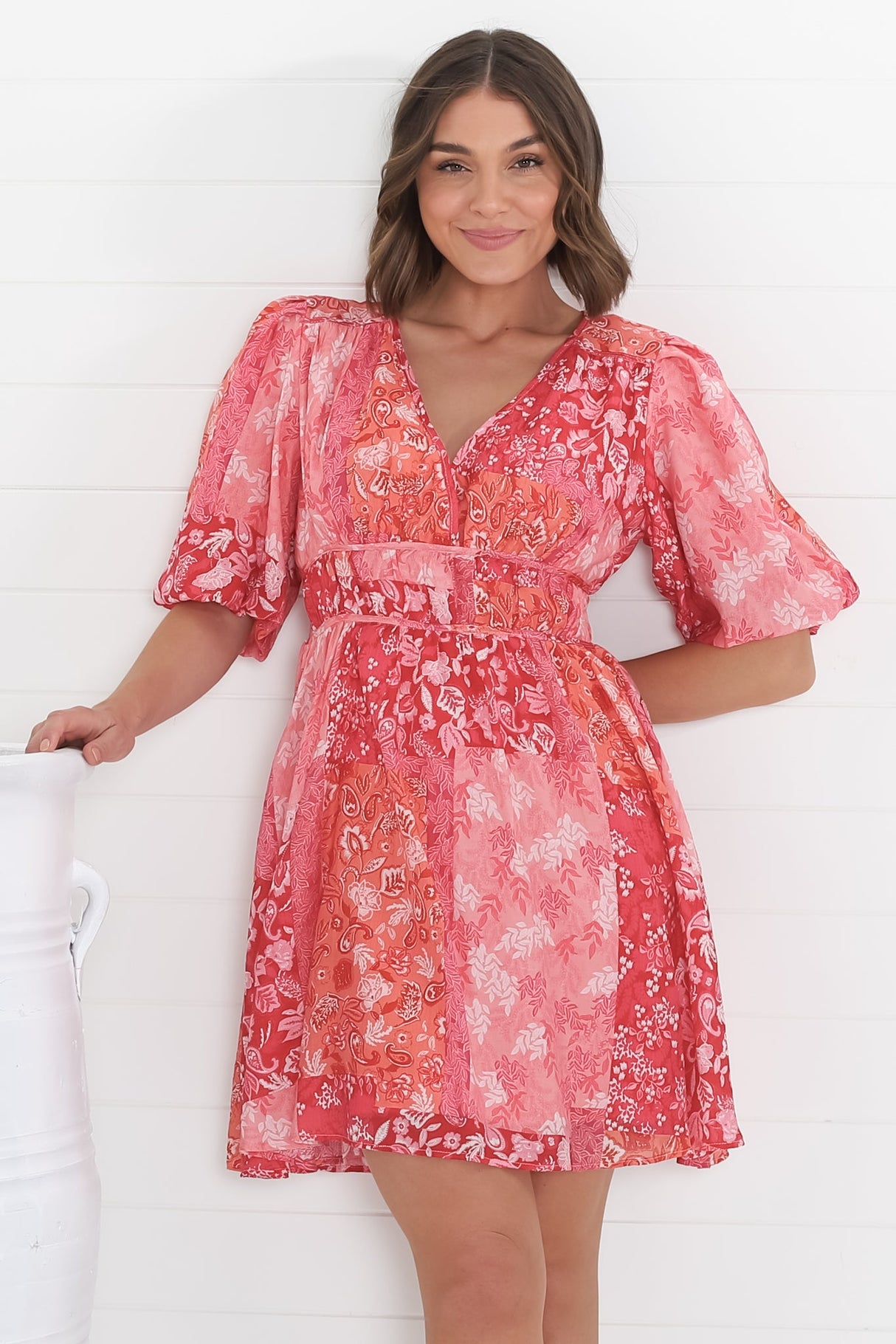 Ester Mini Dress - Cross Front Neckline Gathered Waist A Line Dress in Ita Print Pink