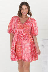 Ester Mini Dress - Cross Front Neckline Gathered Waist A Line Dress in Ita Print Pink