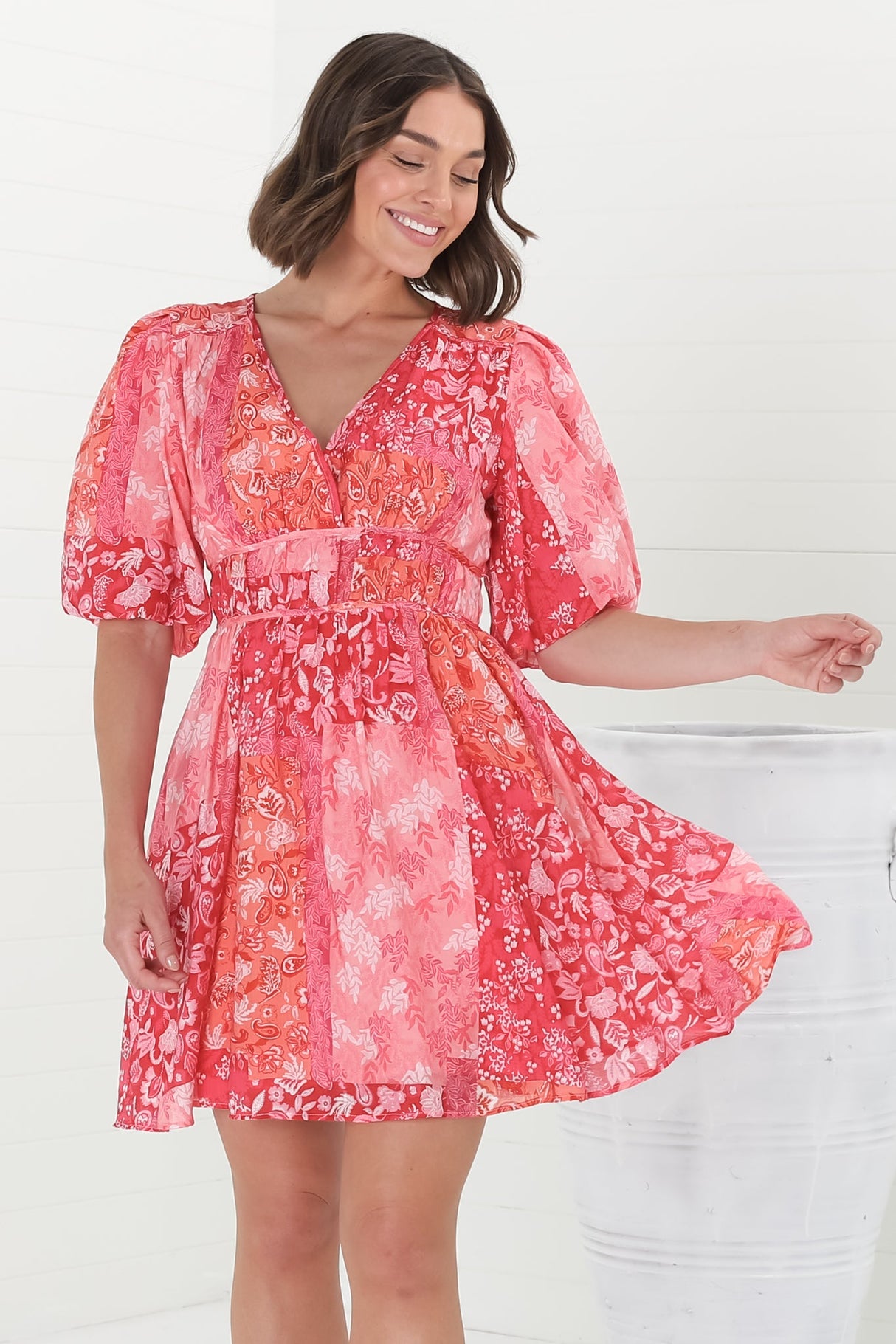 Ester Mini Dress - Cross Front Neckline Gathered Waist A Line Dress in Ita Print Pink