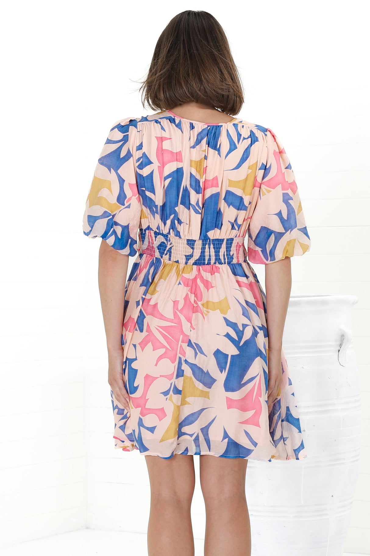 Ester Mini Dress - Cross Front Neckline Gathered Waist A Line Dress in Polina Print Blue