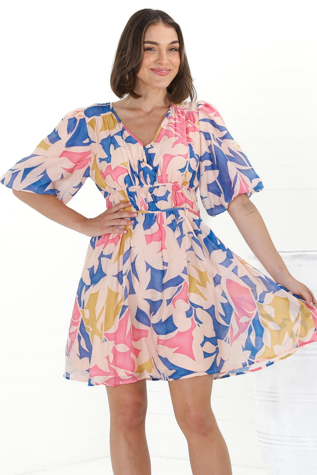 Ester Mini Dress - Cross Front Neckline Gathered Waist A Line Dress in Polina Print Blue