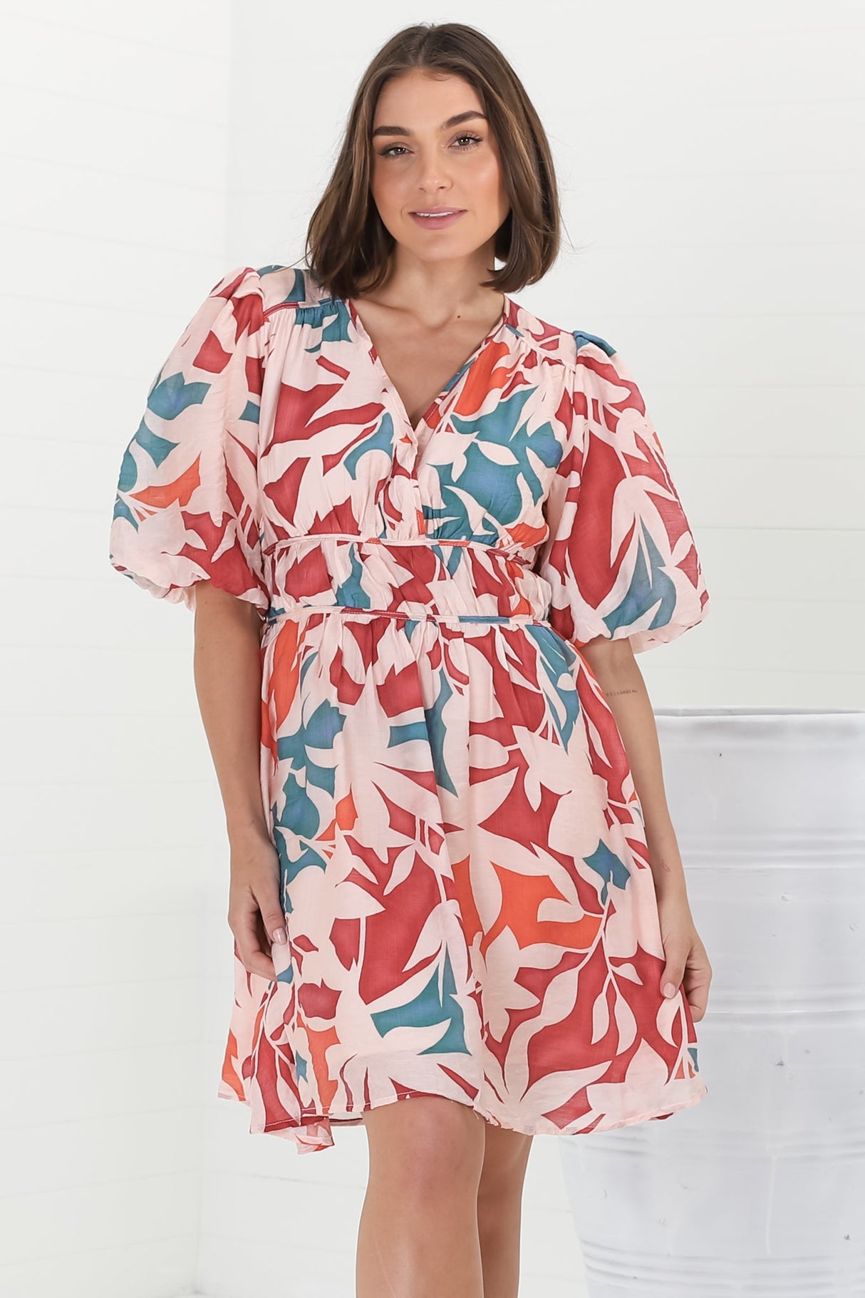 Ester Mini Dress - Cross Front Neckline Gathered Waist A Line Dress in Polina Print Magenta