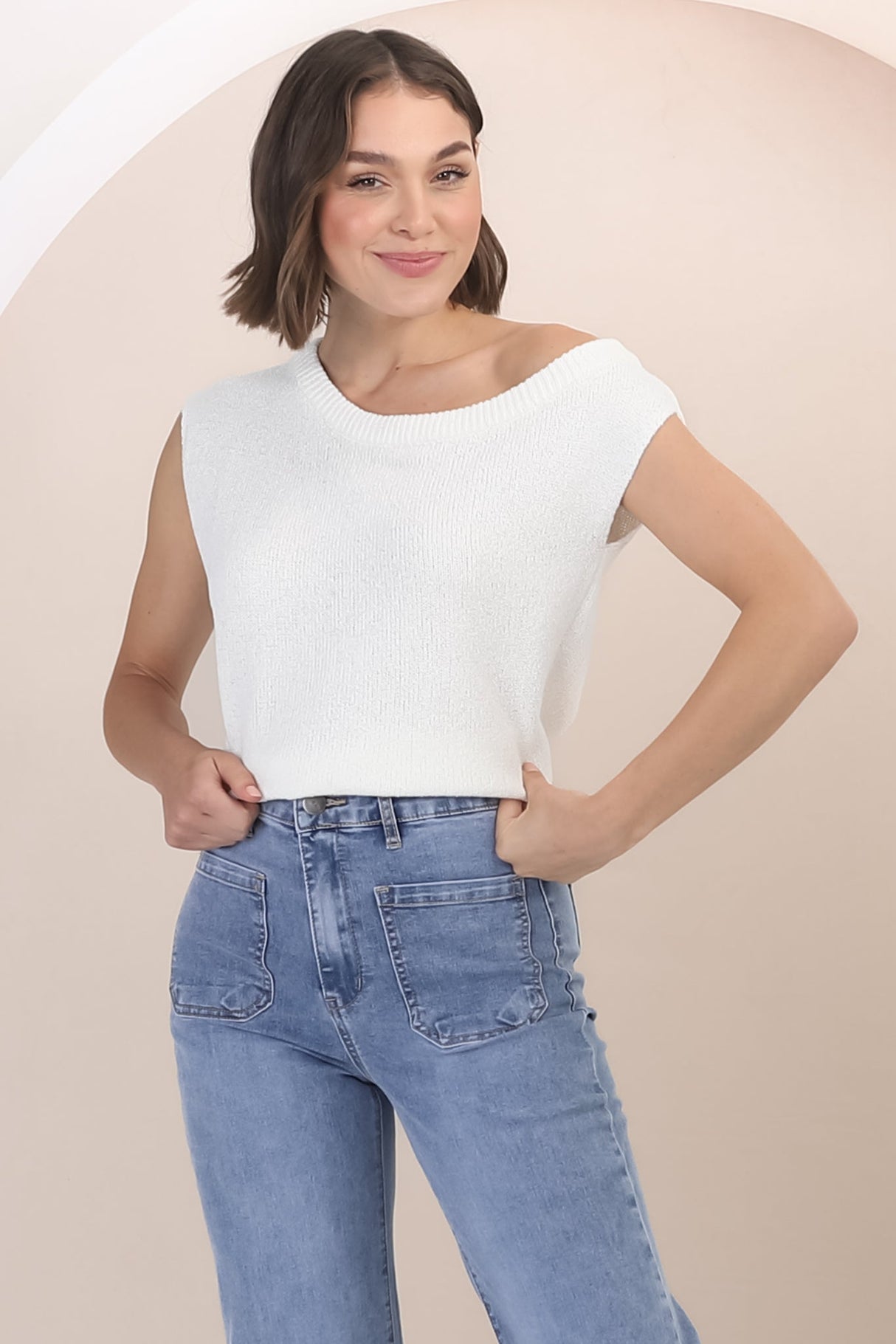 Ethel Knit Top - Crew Neck Knit Sleeveless Top in White