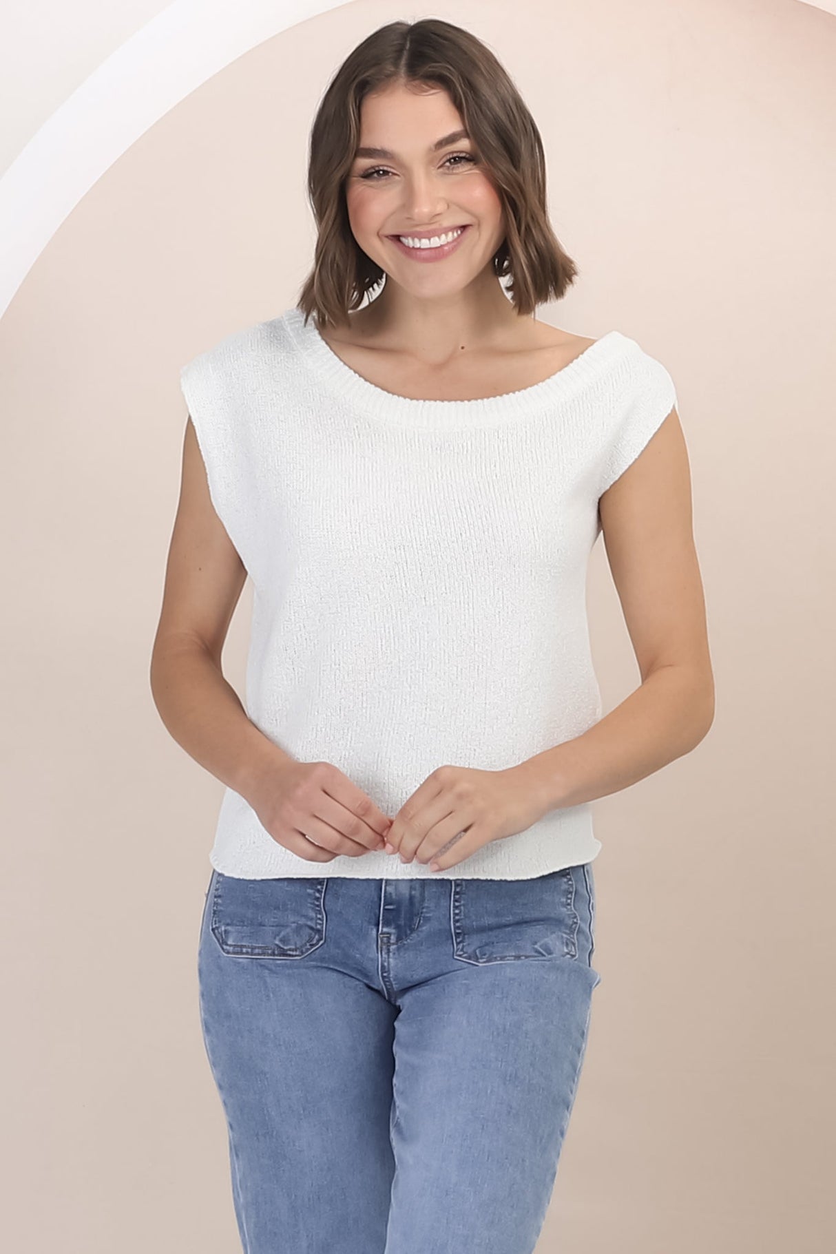 Ethel Knit Top - Crew Neck Knit Sleeveless Top in White