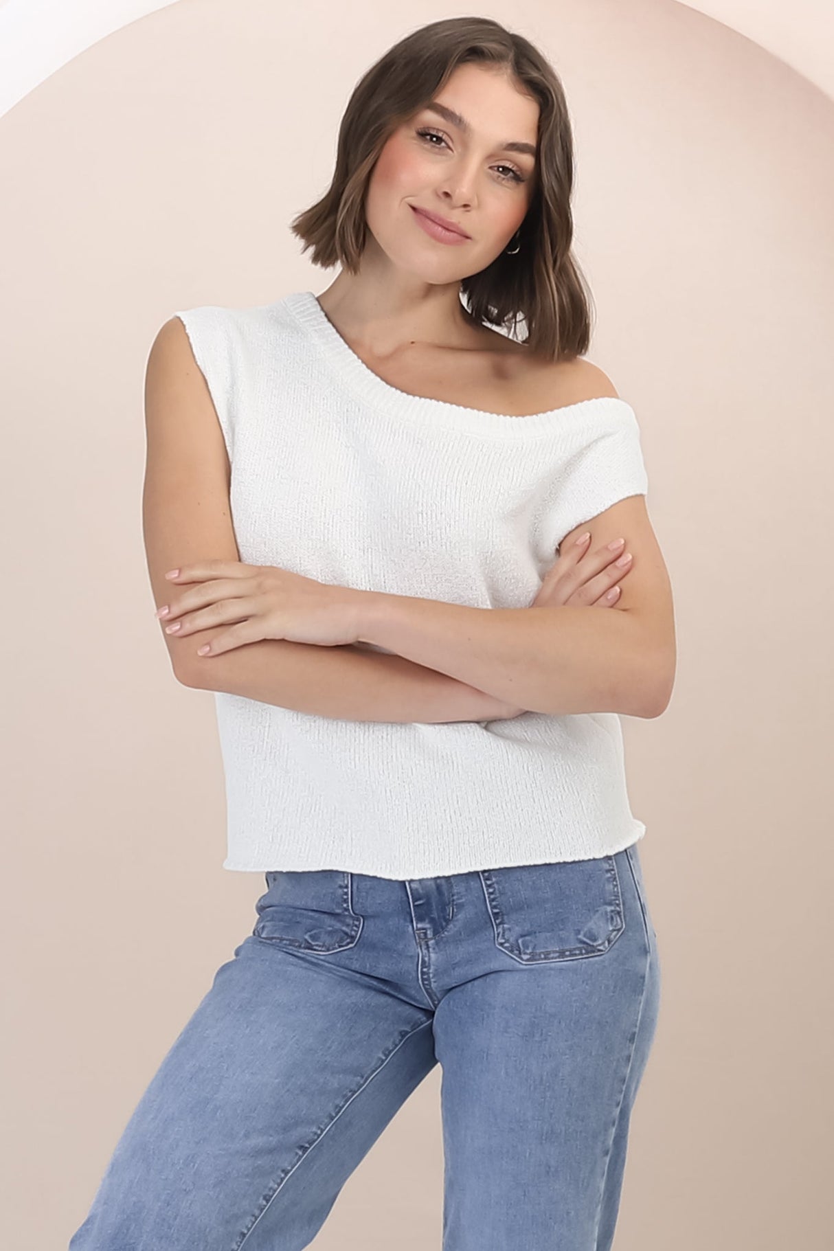 Ethel Knit Top - Crew Neck Knit Sleeveless Top in White