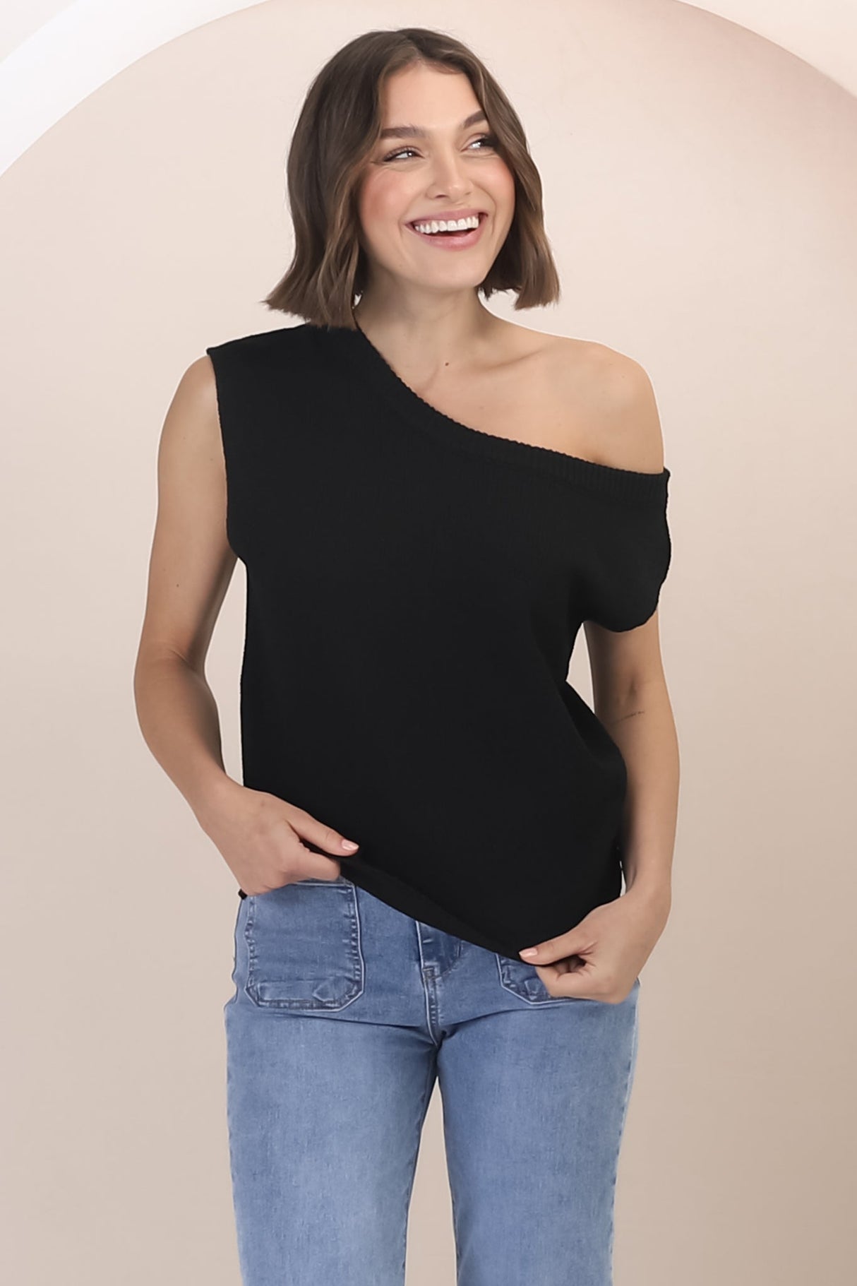 Ethel Knit Top - Crew Neck Knit Sleeveless Top in Black