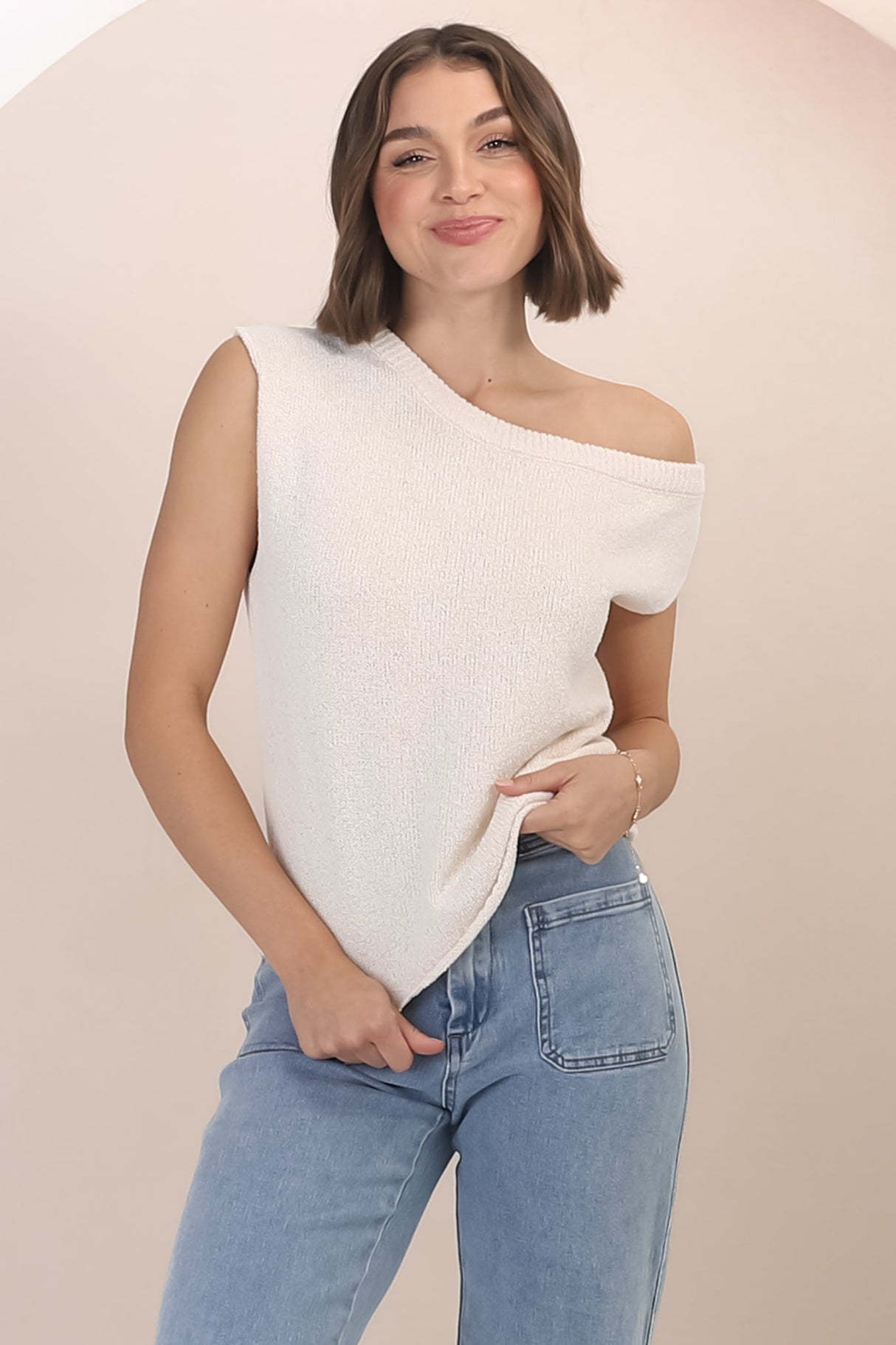 Ethel Knit Top - Crew Neck Knit Sleeveless Top in Cream