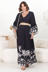 Evan Maxi Dress - Slimline Smock Dress with Bell Sleeves in the Harris Print