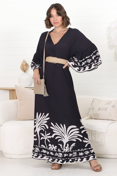 Evan Maxi Dress - Slimline Smock Dress with Bell Sleeves in the Harris Print