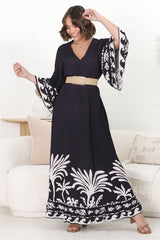 Evan Maxi Dress - Slimline Smock Dress with Bell Sleeves in the Harris Print