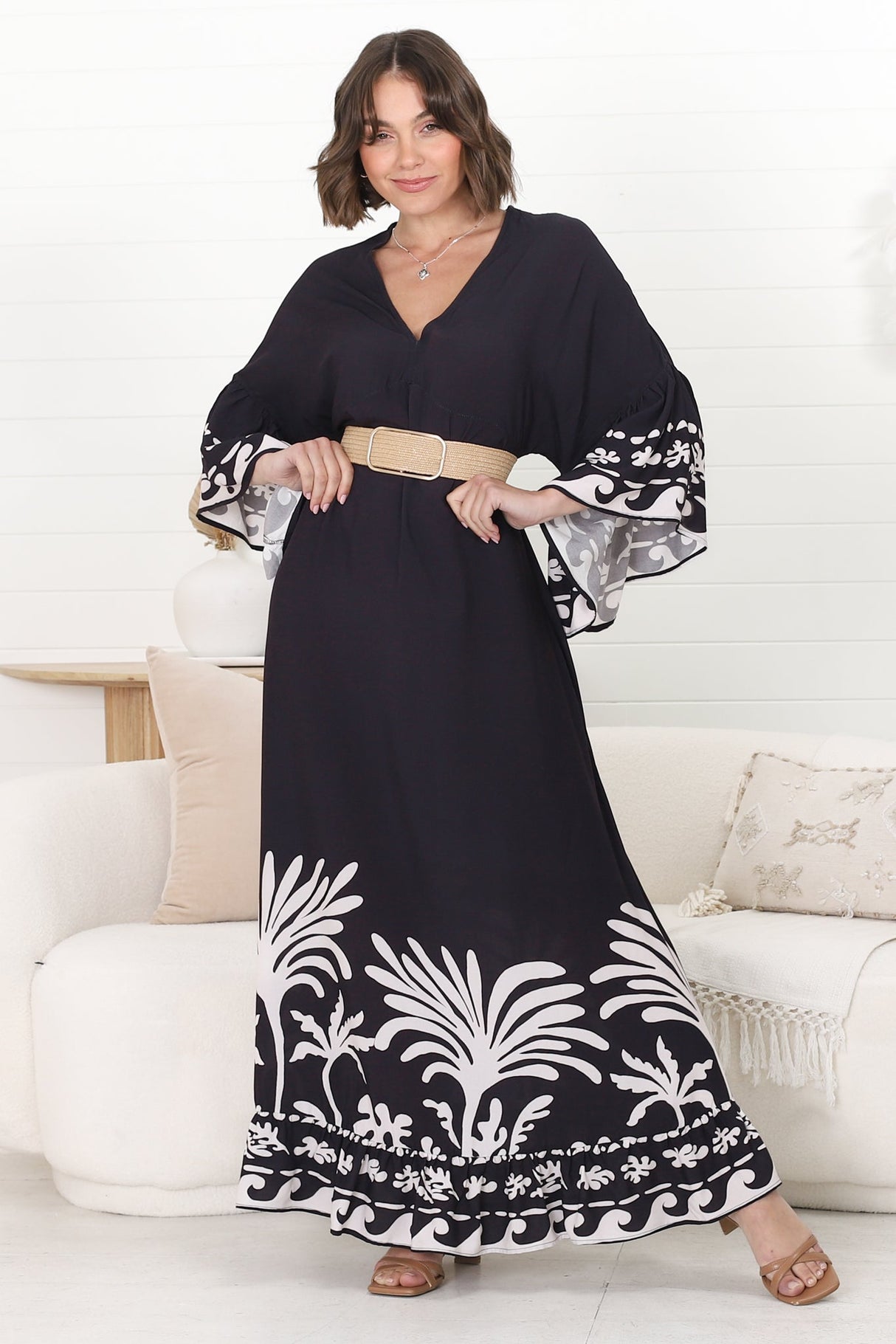 Evan Maxi Dress - Slimline Smock Dress with Bell Sleeves in the Harris Print