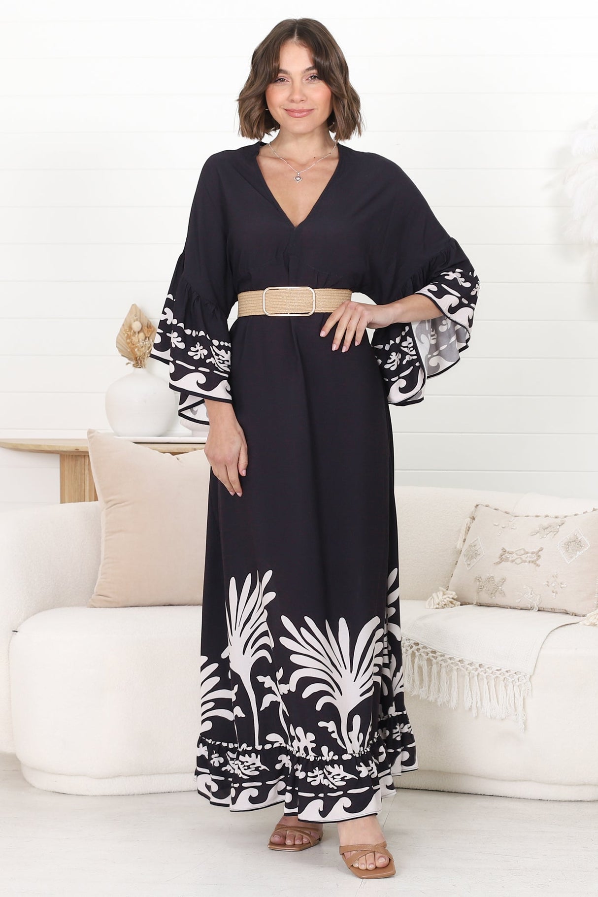 Evan Maxi Dress - Slimline Smock Dress with Bell Sleeves in the Harris Print