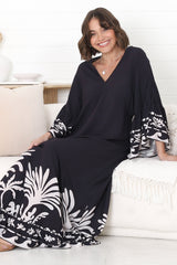 Evan Maxi Dress - Slimline Smock Dress with Bell Sleeves in the Harris Print