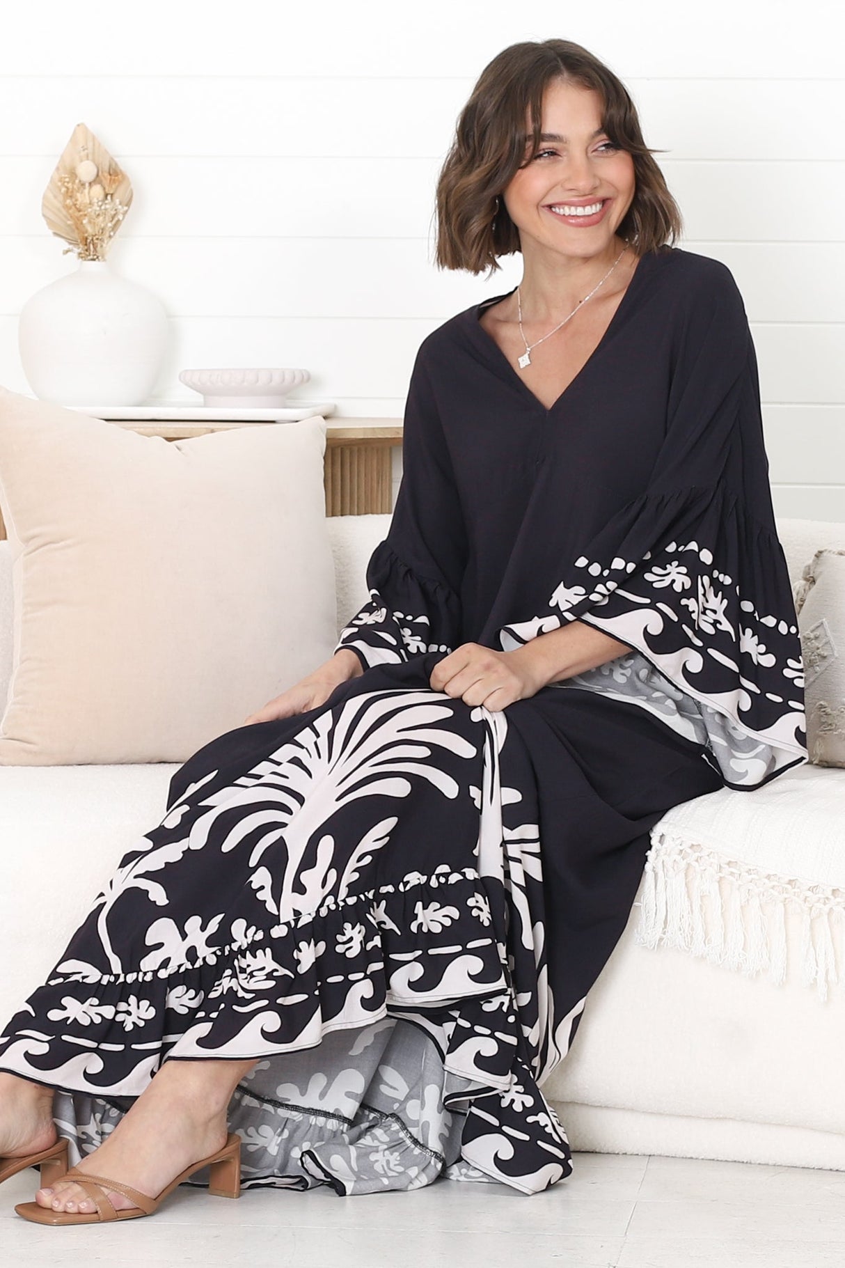 Evan Maxi Dress - Slimline Smock Dress with Bell Sleeves in the Harris Print