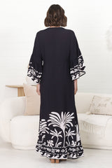 Evan Maxi Dress - Slimline Smock Dress with Bell Sleeves in the Harris Print