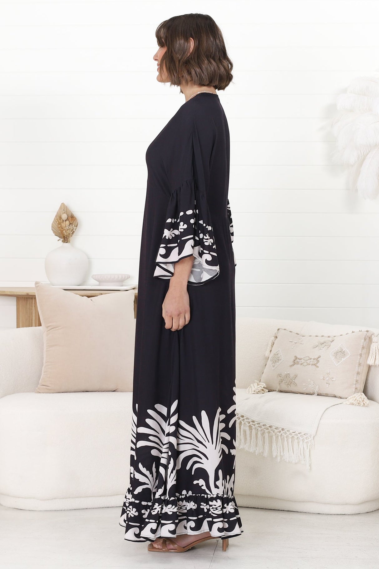 Evan Maxi Dress - Slimline Smock Dress with Bell Sleeves in the Harris Print