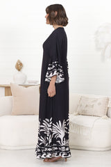 Evan Maxi Dress - Slimline Smock Dress with Bell Sleeves in the Harris Print