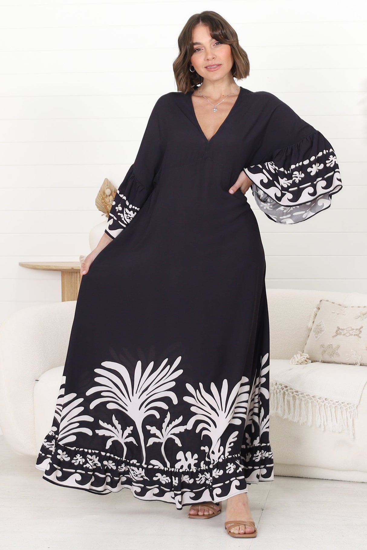 Evan Maxi Dress - Slimline Smock Dress with Bell Sleeves in the Harris Print