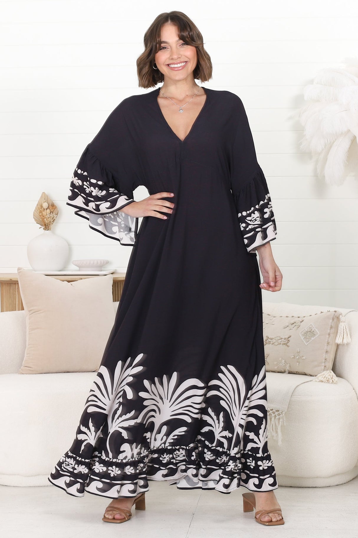 Evan Maxi Dress - Slimline Smock Dress with Bell Sleeves in the Harris Print