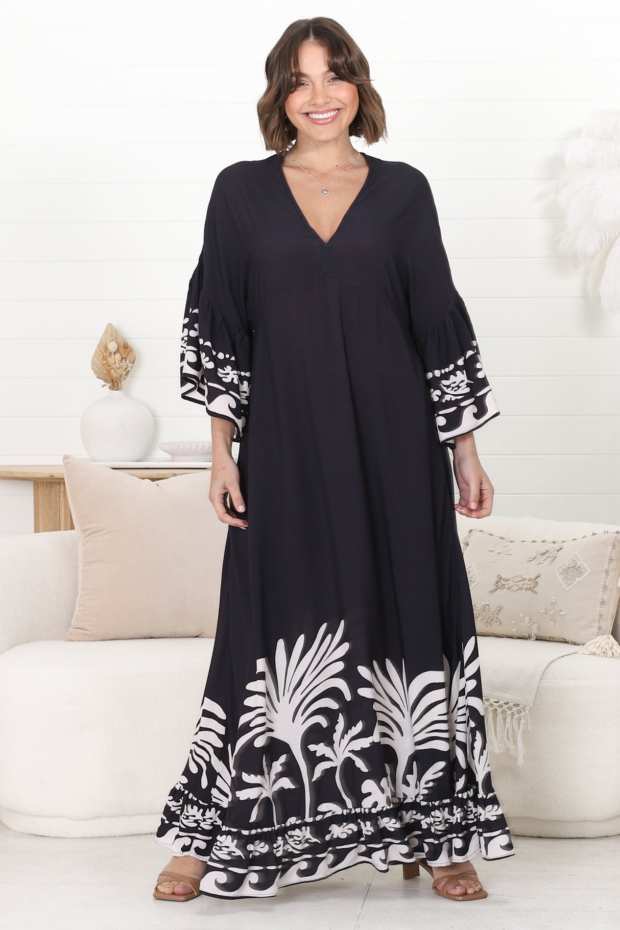 Evan Maxi Dress - Slimline Smock Dress with Bell Sleeves in the Harris Print