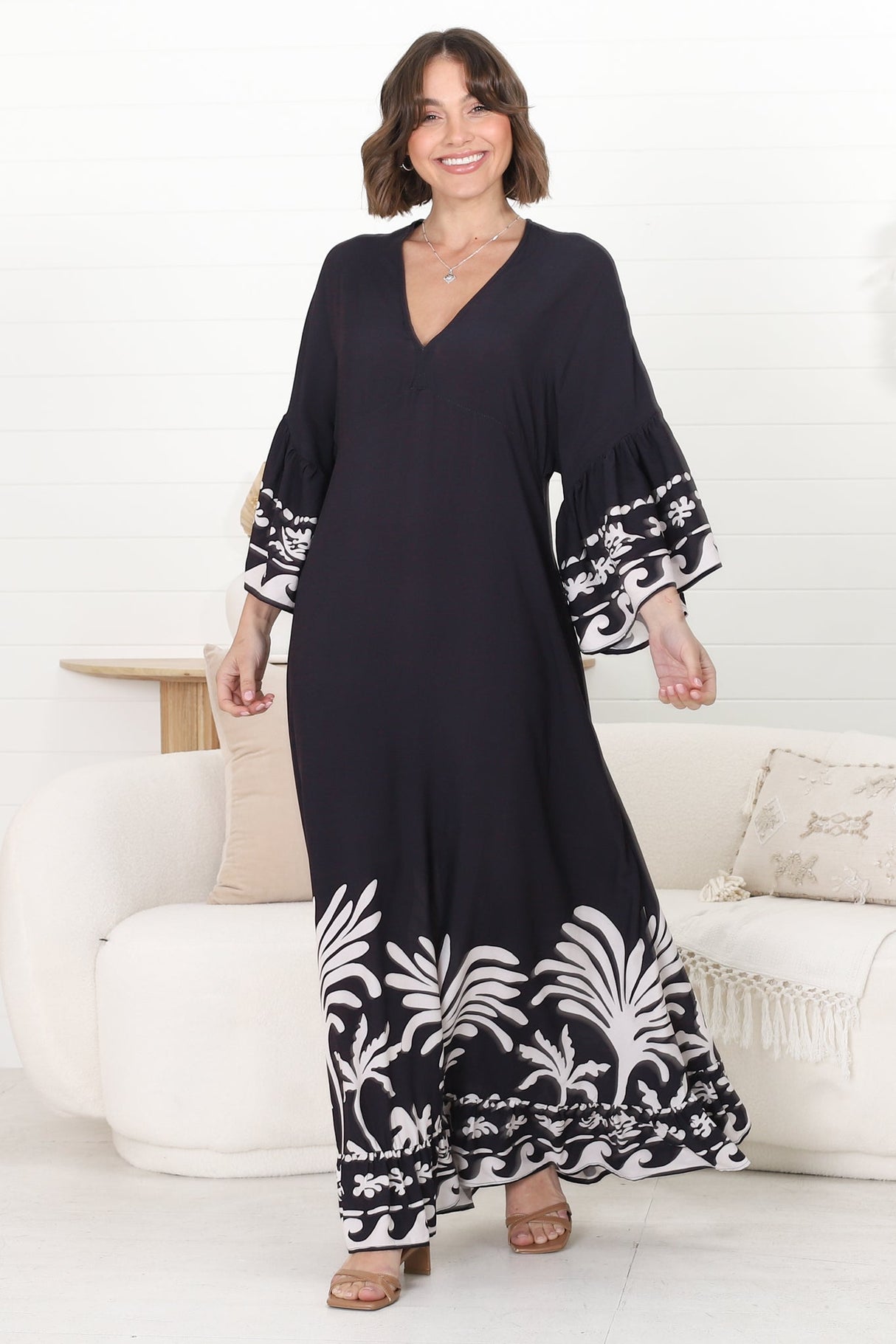 Evan Maxi Dress - Slimline Smock Dress with Bell Sleeves in the Harris Print