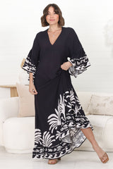 Evan Maxi Dress - Slimline Smock Dress with Bell Sleeves in the Harris Print