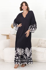 Evan Maxi Dress - Slimline Smock Dress with Bell Sleeves in the Harris Print