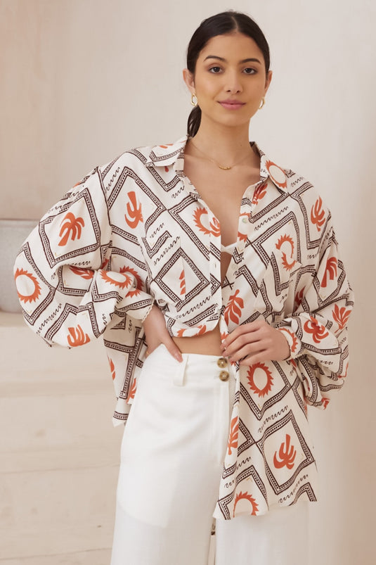Evana Blouse - Oversized Button Down in Tuscan Sun Print