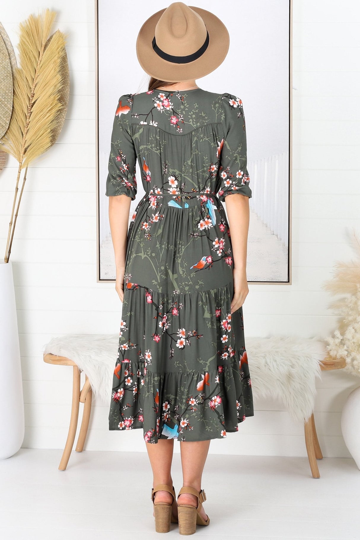 JAASE - Eve Midi Dress: V Neck Tiered Dress with Option Waist Tie in Birds Paradise Print