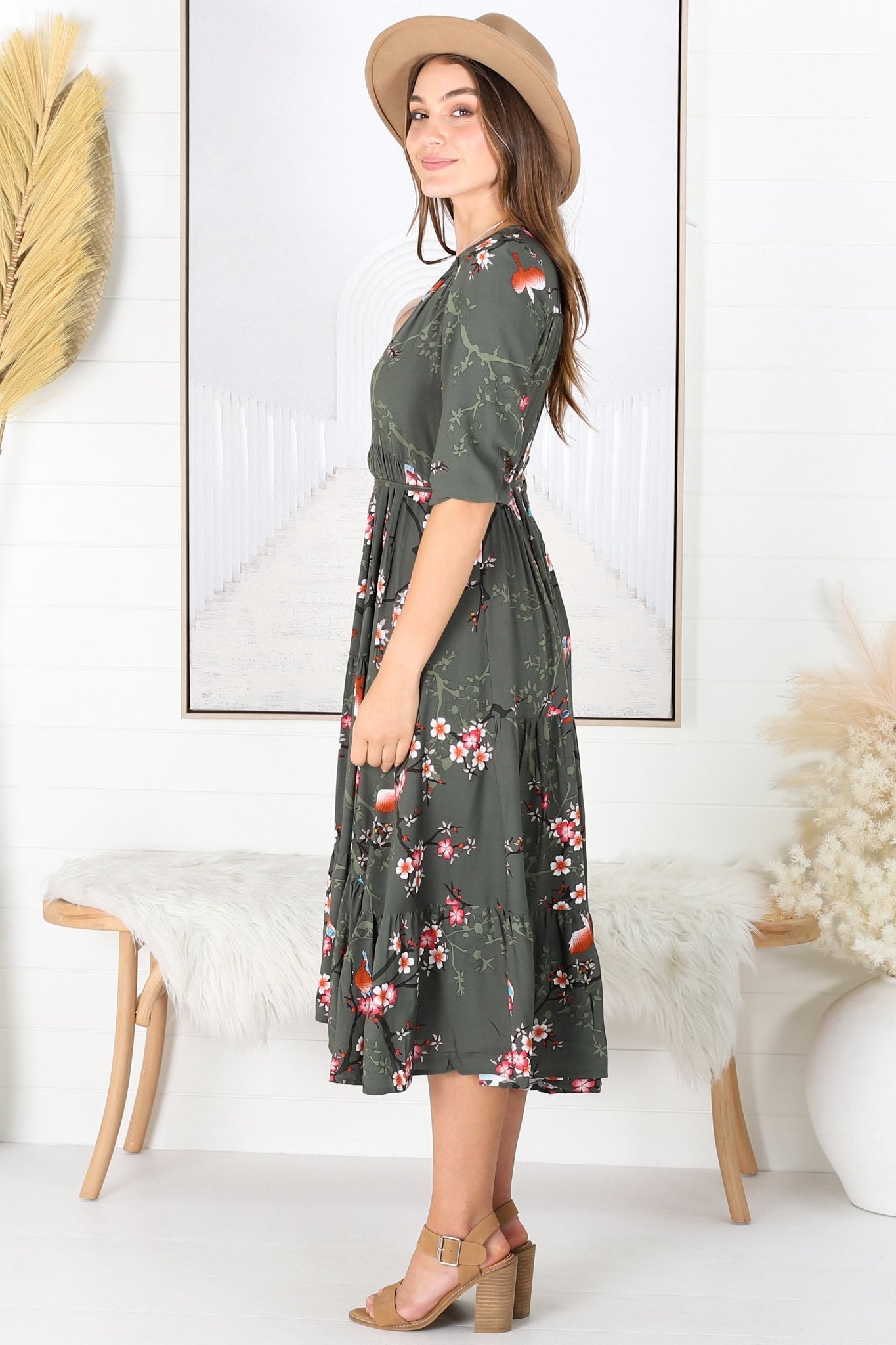 JAASE - Eve Midi Dress: V Neck Tiered Dress with Option Waist Tie in Birds Paradise Print