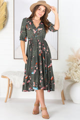 JAASE - Eve Midi Dress: V Neck Tiered Dress with Option Waist Tie in Birds Paradise Print