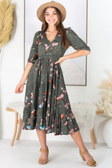 JAASE - Eve Midi Dress: V Neck Tiered Dress with Option Waist Tie in Birds Paradise Print