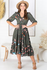 JAASE - Eve Midi Dress: V Neck Tiered Dress with Option Waist Tie in Birds Paradise Print