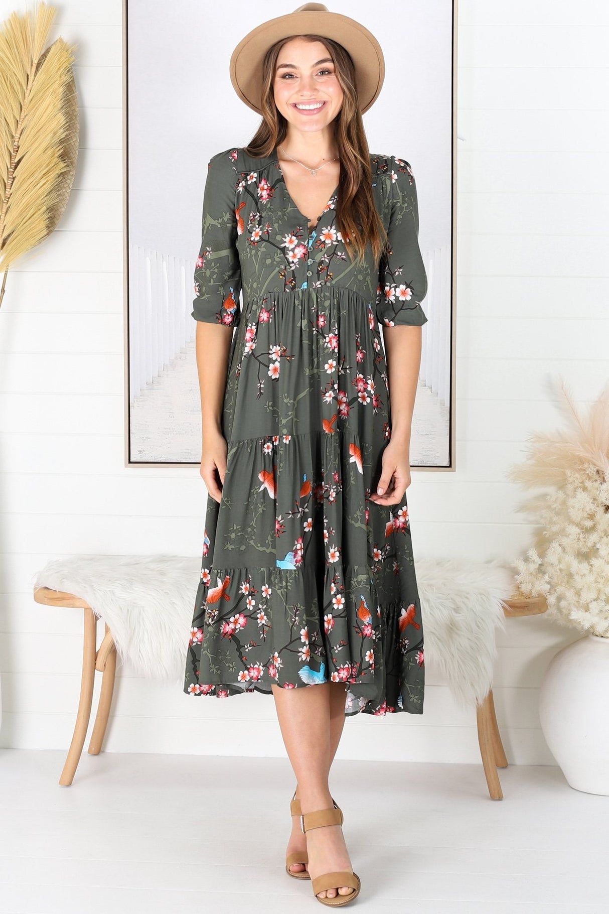 JAASE - Eve Midi Dress: V Neck Tiered Dress with Option Waist Tie in Birds Paradise Print