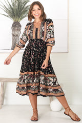 JAASE - Eve Midi Dress: V Neck Tiered Dress with Option Waist Tie in Eternity Print