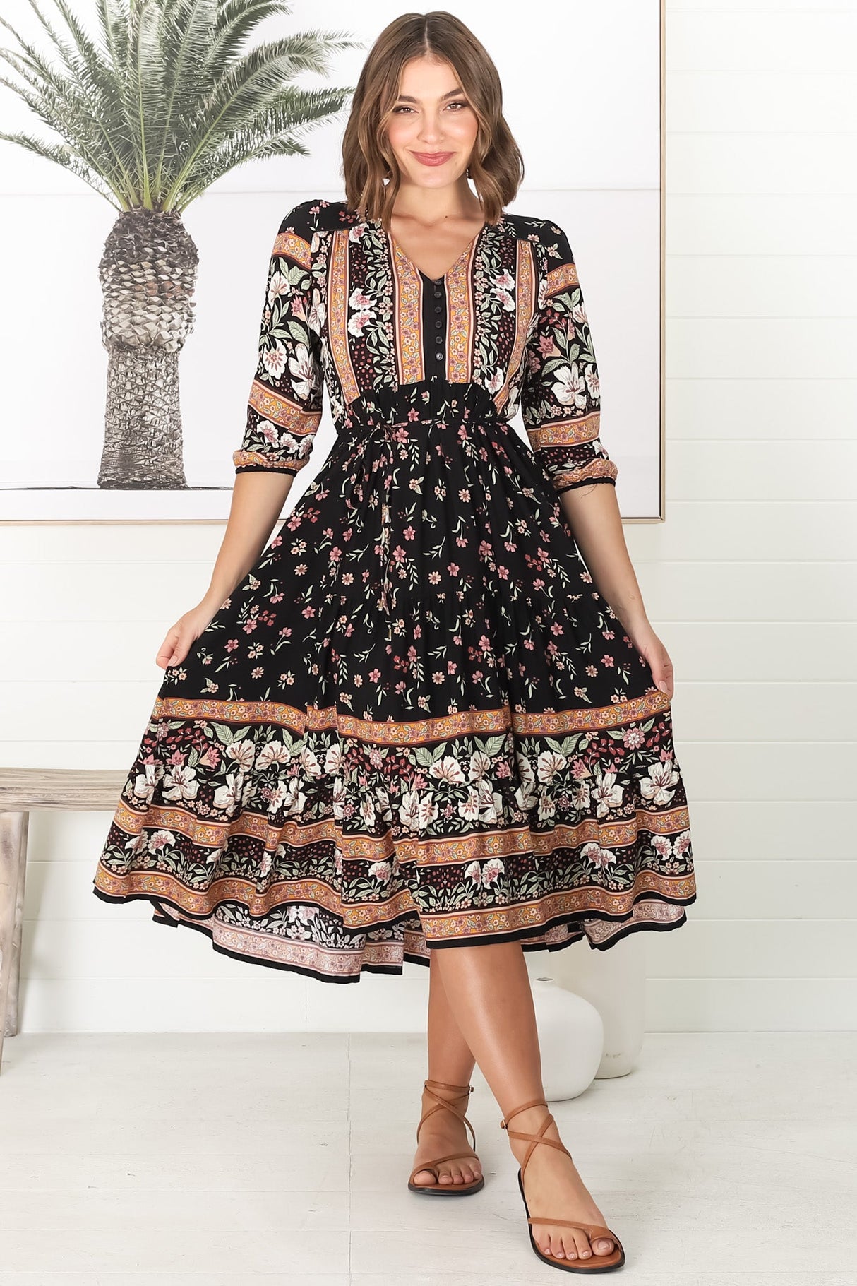 JAASE - Eve Midi Dress: V Neck Tiered Dress with Option Waist Tie in Eternity Print