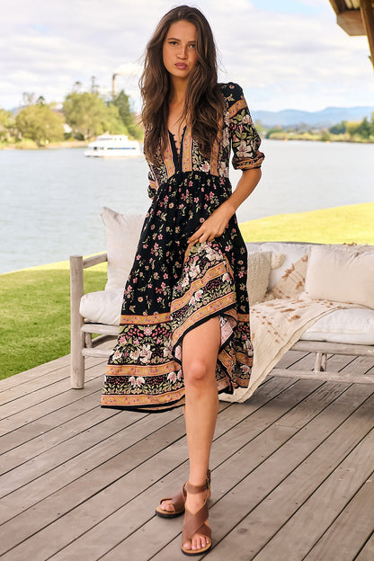 JAASE - Eve Midi Dress: V Neck Tiered Dress with Option Waist Tie in Eternity Print