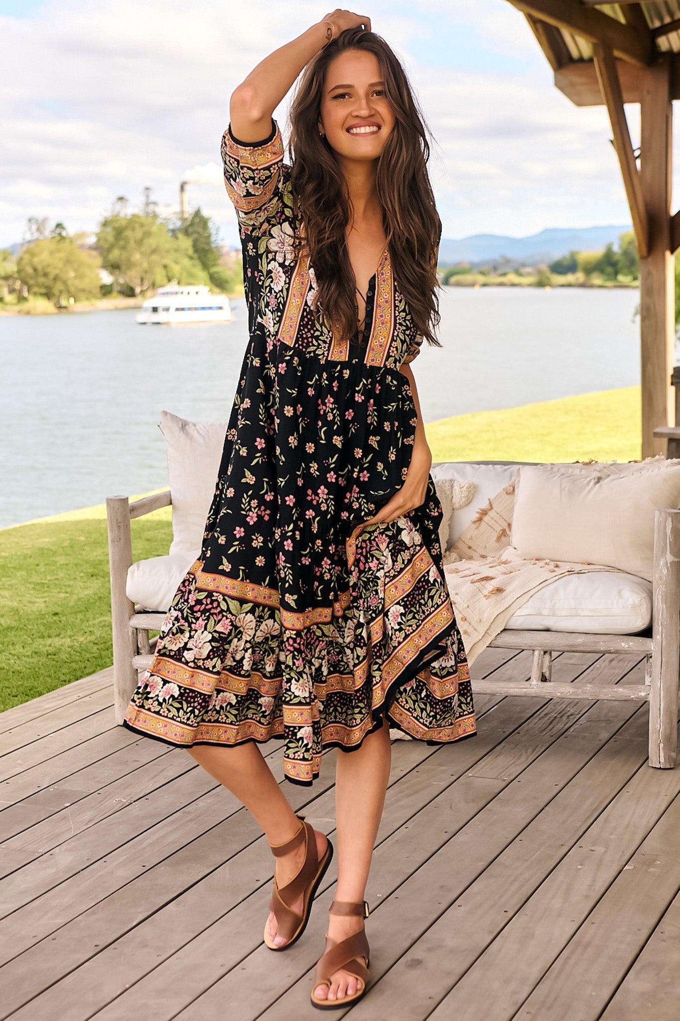 JAASE - Eve Midi Dress: V Neck Tiered Dress with Option Waist Tie in Eternity Print